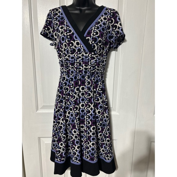 Sandra Darren Womens Dress 10P Purple Black White Mod Circle Print Short Sleeve - Picture 1 of 7
